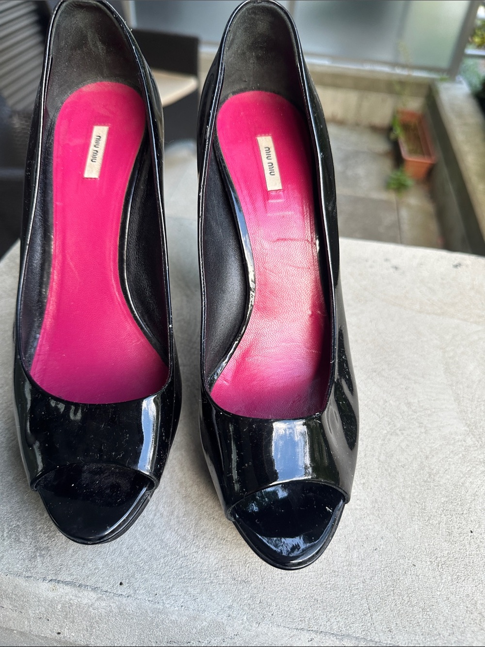 Miu Miu Black Patent Peep-Toe Pumps with Pink Insoles